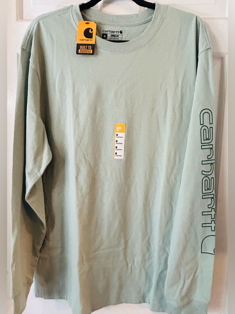 NWT Mens CARHARTT Loose Fit Long Sleeve Logo Graphic Tshirt Light Green Sz MED